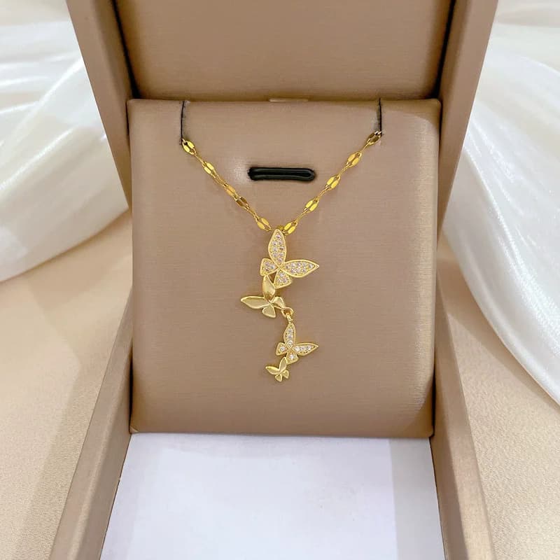 Collier pendentif feuille en acier inoxydable 316L avec zircons