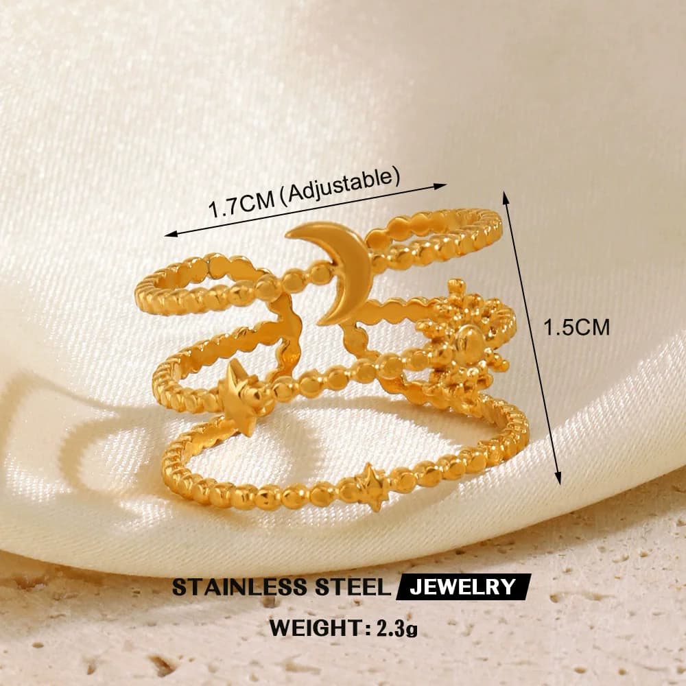 Bague ajustable Feuille de Ginkgo et Zircons, Acier inoxydable