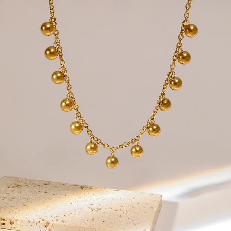Collier à perles sphériques dorées en acier inoxydable 316L