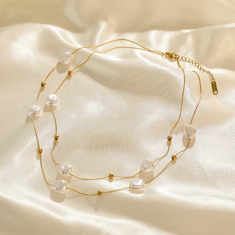 Collier double rang irrégulier perles acier inoxydable