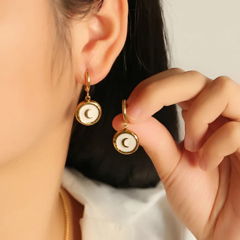 Boucles d'oreilles pendantes Soleil, Lune et Cœur, Acier inoxydable