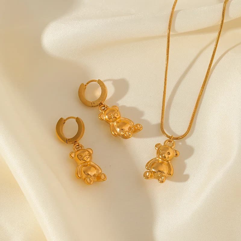 Parure collier et boucles d'oreilles ours et fleurs, doré