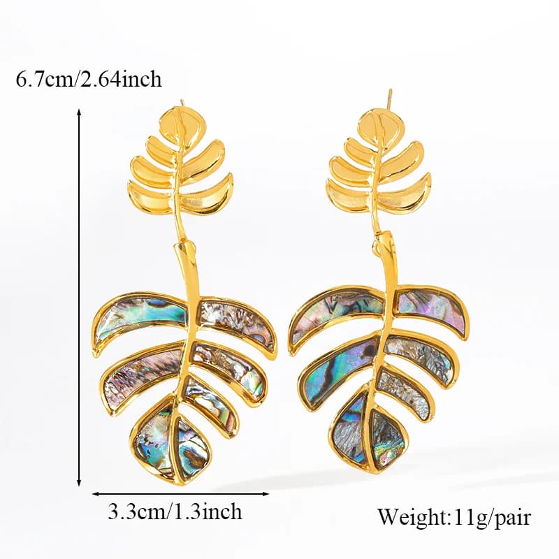 Boucles d'oreilles pendantes feuilles de palmier, plaquées or