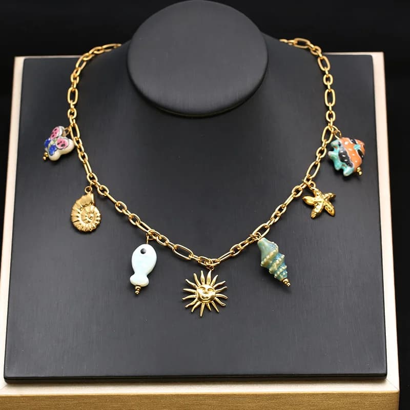 Collier pendentif étoile de mer et coquillage, style océan
