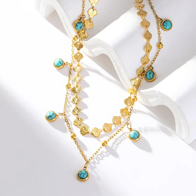 Collier double rangée Turquoise artificielle en acier inoxydable