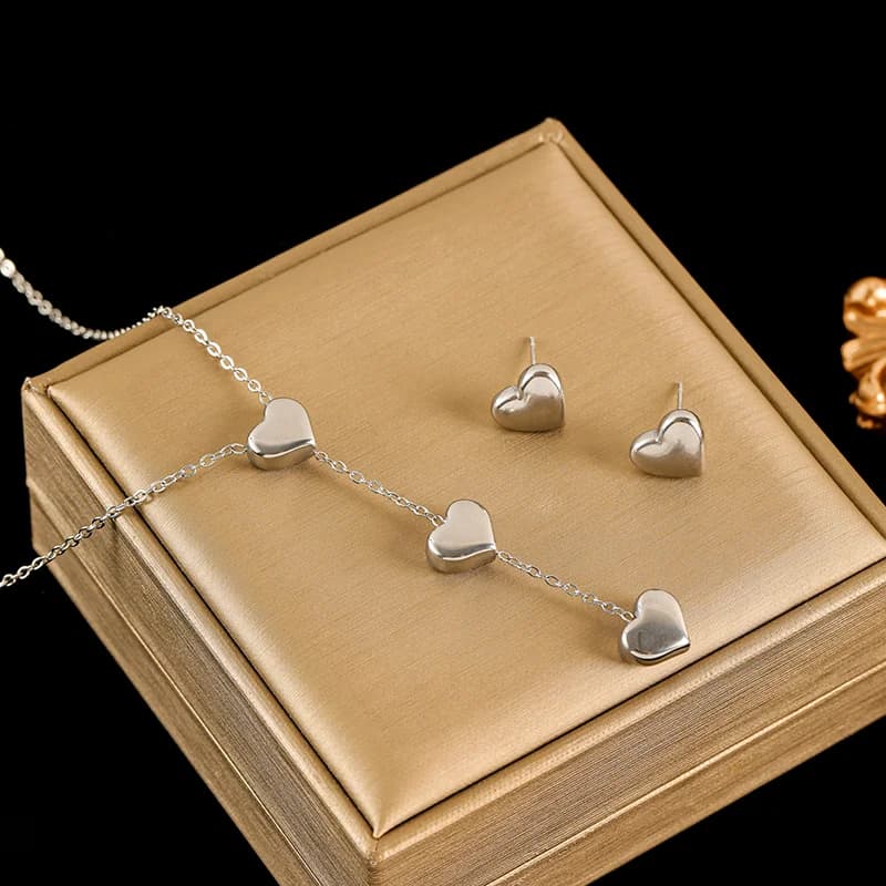 Parure cœur brillant collier et boucles d'oreilles, argent