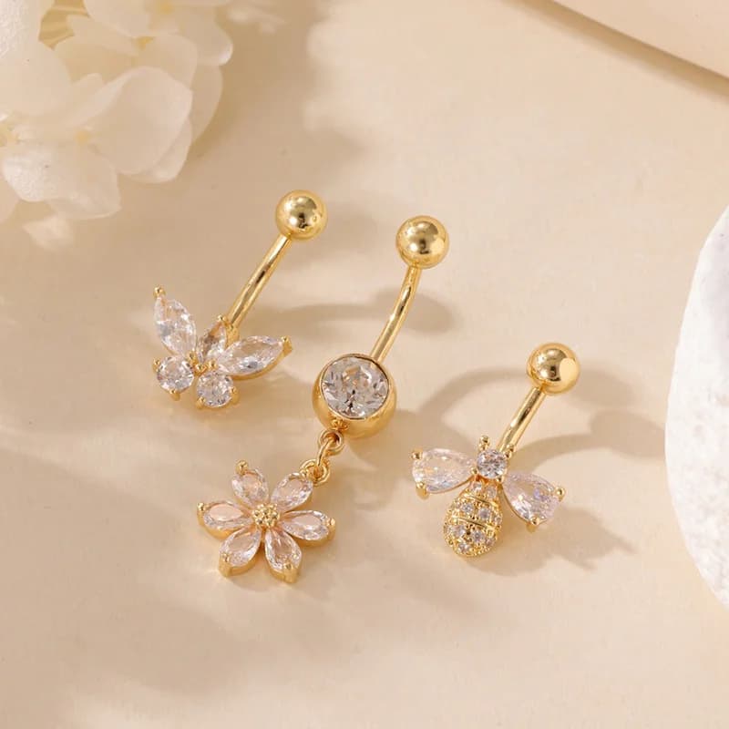 Piercings nombrils Étoile de mer et Poulpe, Zircon blanc - Lot de 3