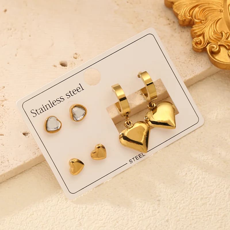 Set de Boucles d'Oreilles Cœur Zirconium (Puces et Pendantes) (3 Paires)