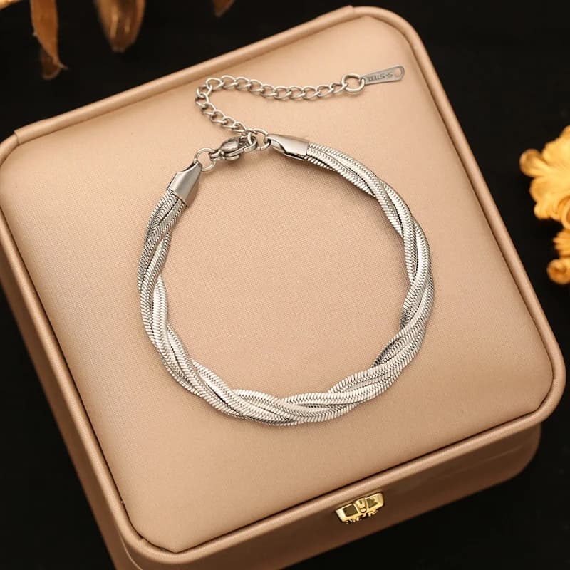 Bracelet jonc à chaîne croisée trois couches en acier inoxydable