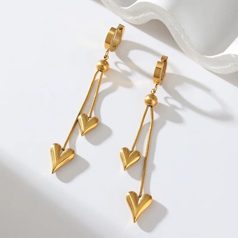 Boucles d'oreilles pendantes longues à double cœur, acier inoxydable 316L