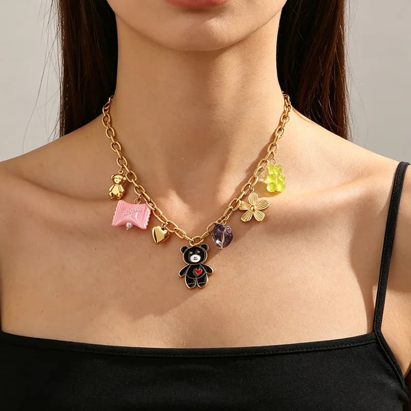 Collier pendentif à multiples breloques, placage PVD or 18K