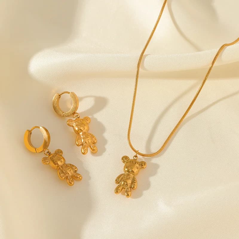 Parure collier et boucles d'oreilles ours et fleurs, doré