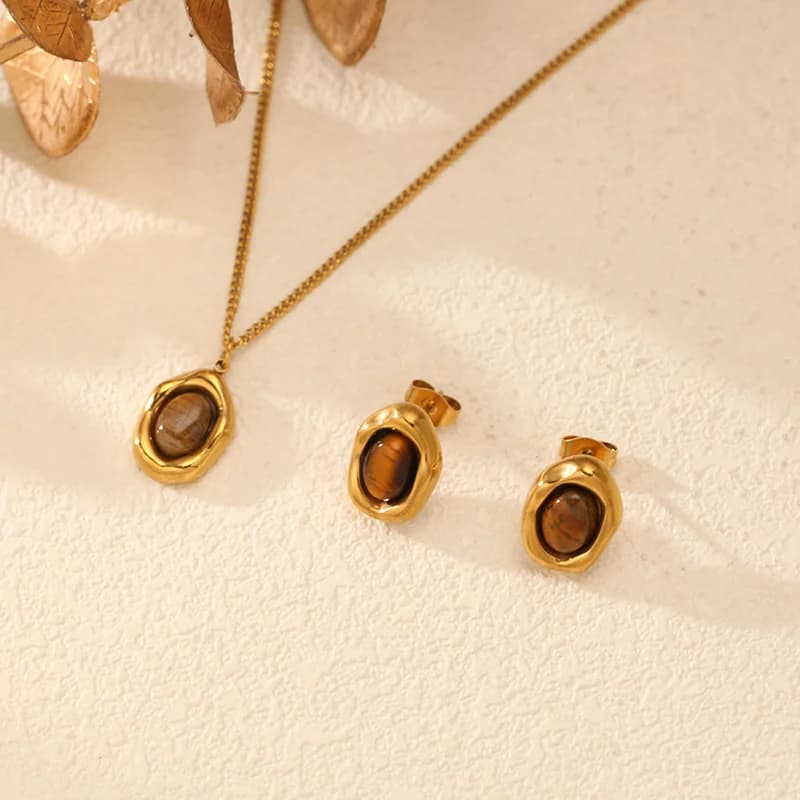 Parure Collier Pendentif et Boucles d'Oreilles Pierres Brunes Vintage