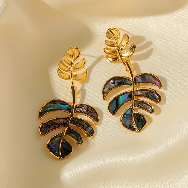 Boucles d'oreilles pendantes feuilles de palmier, plaquées or