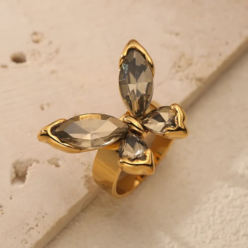 Bague Réglable Papillon Zircons Plaqué Or 18K