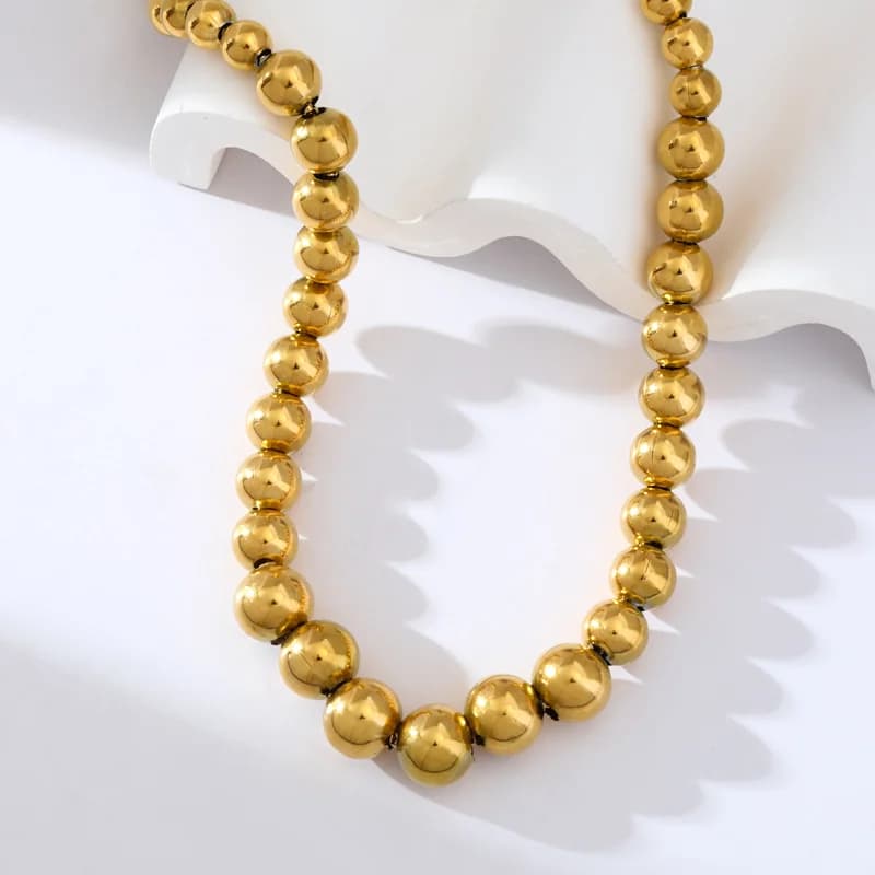 Collier à perles pleines, acier inoxydable doré