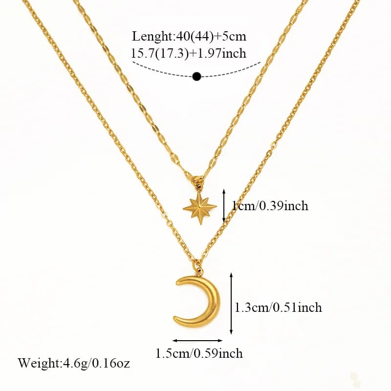 Collier pendentif rétro étoile et lune, plaqué or