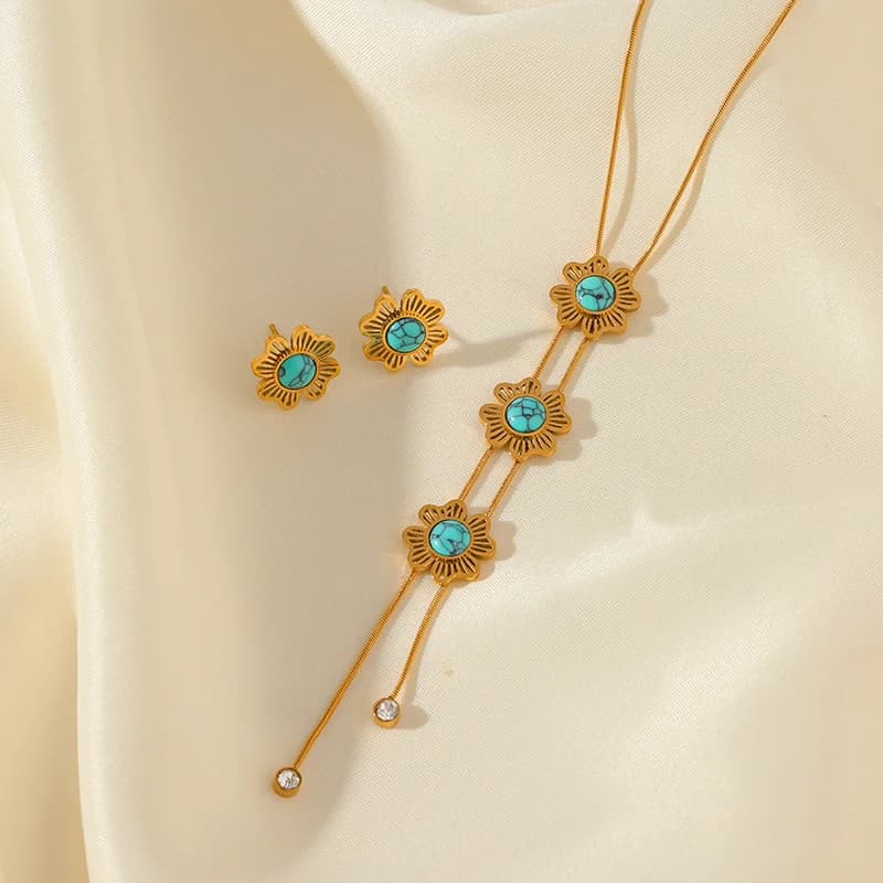 Parure collier et boucles d'oreilles ours et fleurs, doré