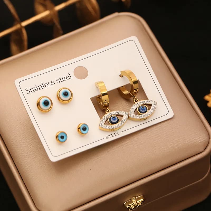 Lot de 3 paires de boucles d'oreilles puces Zirconium bleu œil