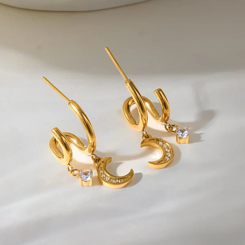 Boucles d'oreilles lune à clous en zircon, acier inoxydable