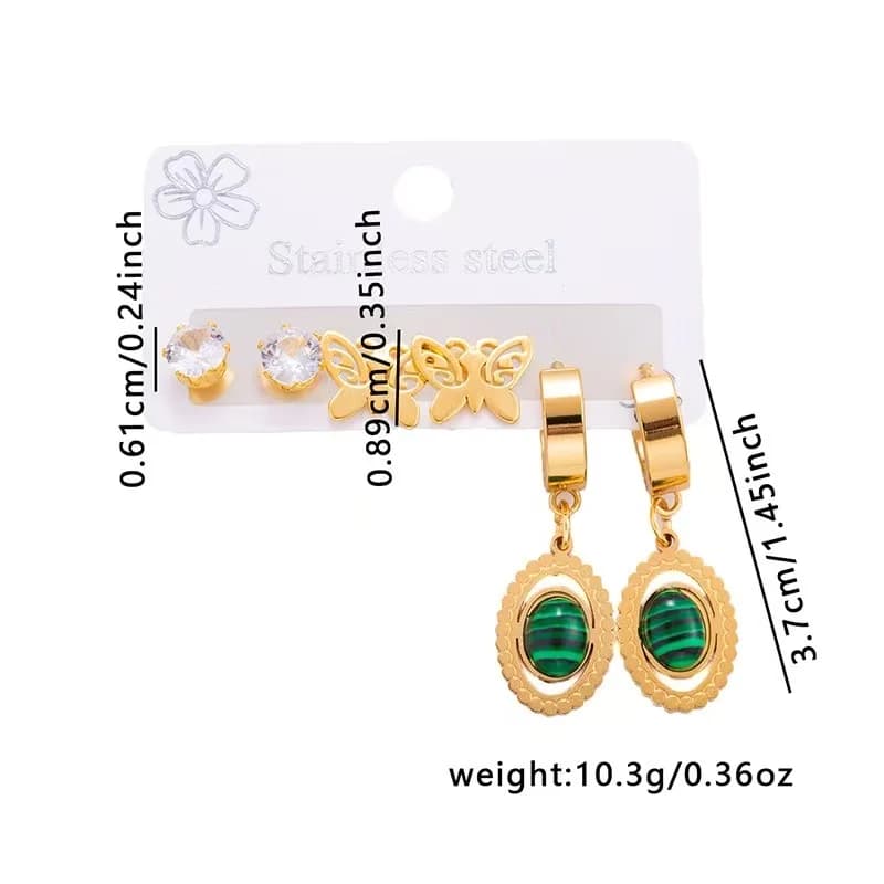 Lot de 3 Paires de Boucles d'Oreilles Studs Papillon en Pierre Verte Ovale
