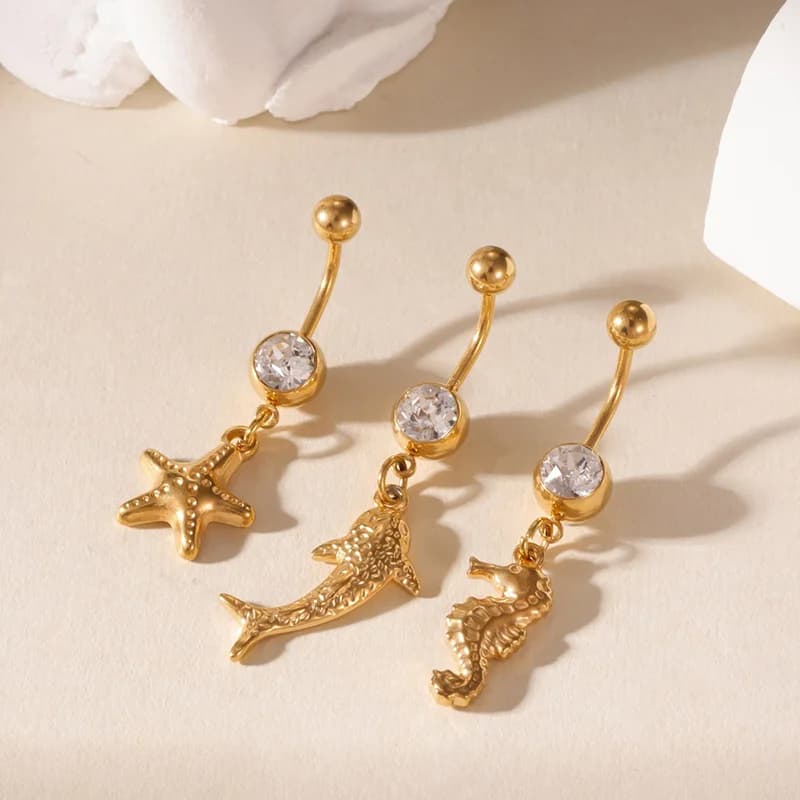 Piercings nombrils Étoile de mer et Poulpe, Zircon blanc - Lot de 3