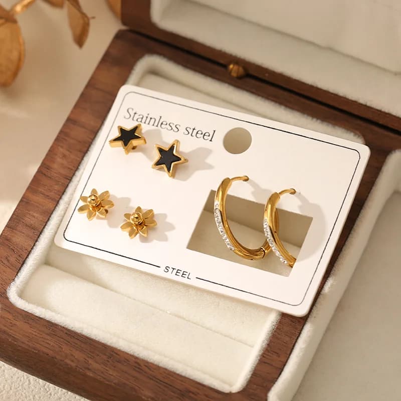 Set de Boucles d'Oreilles Puces et Créoles Étoile et Fleur (3 Paires)