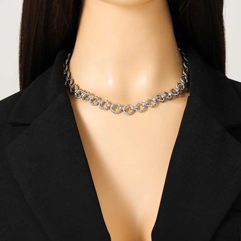 Parure de bijoux chaîne à maillons ronds couleur argent