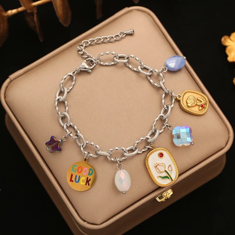 Bracelet jonc à breloques cœur en acier inoxydable