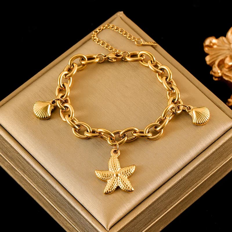 Bracelet chaîne maille avec charms Étoile de Mer et Coquillage en Acier Inoxydable