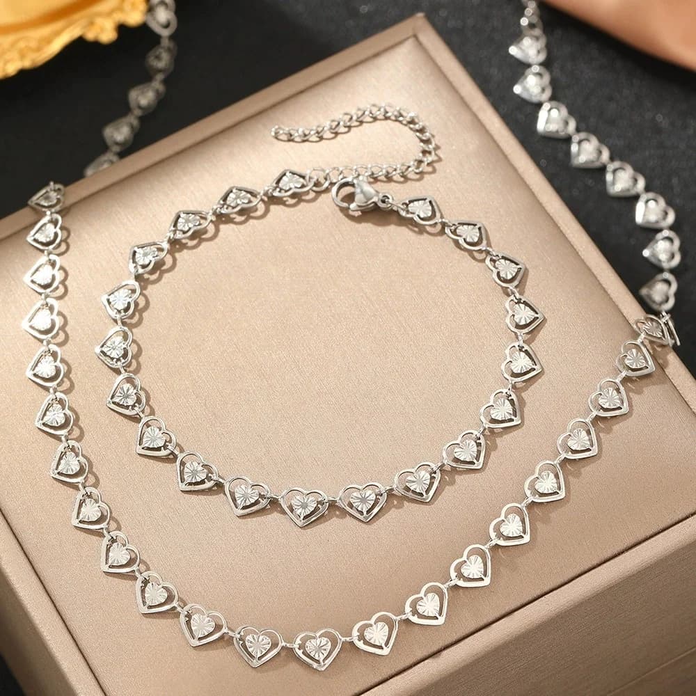 Parure Collier, Bracelet et Boucles d'Oreilles Cœur Argent
