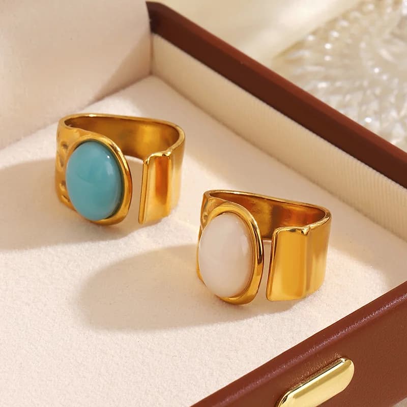 Bague ajustable vintage ovale en pierre, acier inoxydable