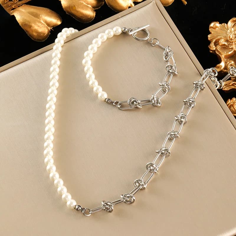 Parure Collier et Bracelet Perles Asymétriques, Argent