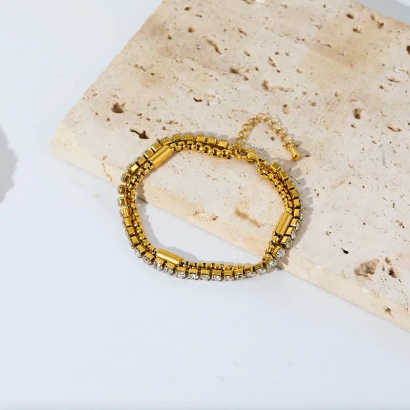 Bracelet double en acier inoxydable 316L avec zircons