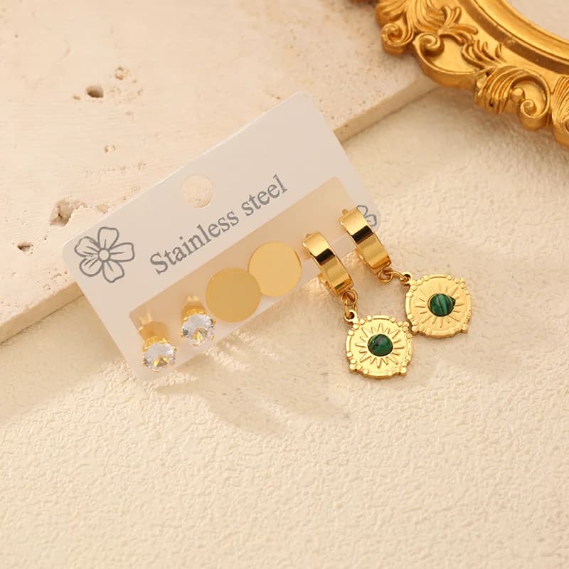 Lot de 3 Paires de Boucles d'Oreilles Pendantes Vintage en Pierre Verte