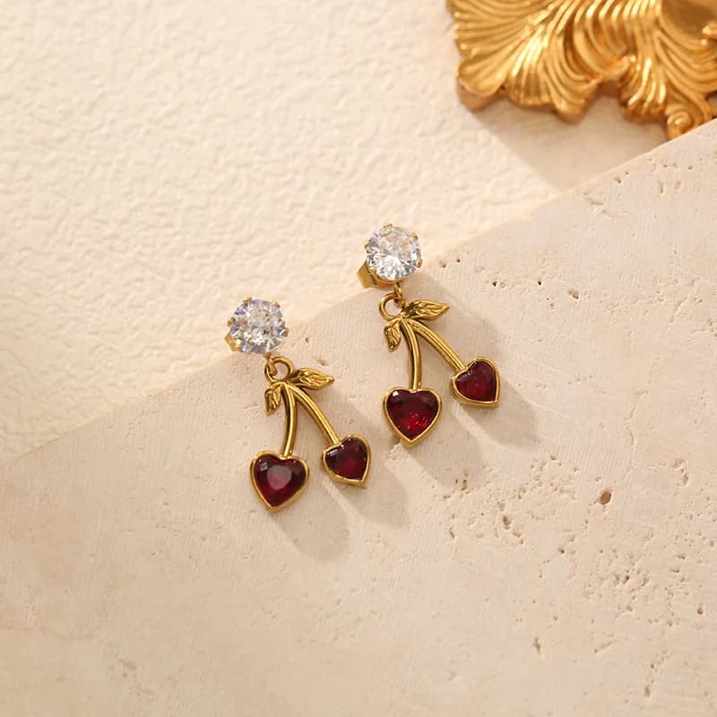 Boucles d'Oreilles Puces Cerise Zircon, Acier Inoxydable Étanche