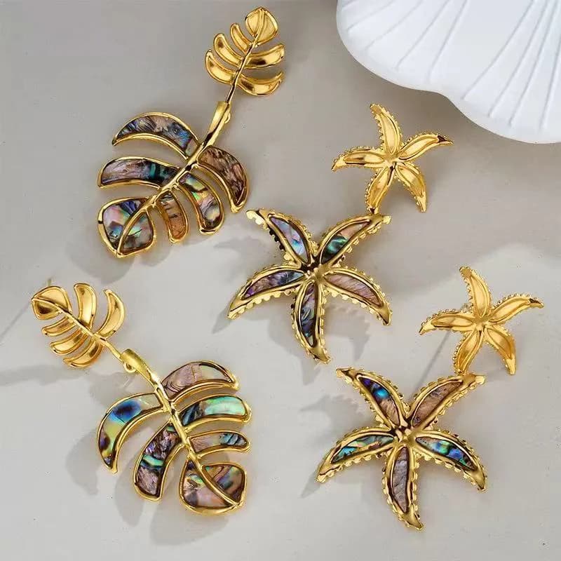 Boucles d'oreilles pendantes feuilles de palmier, plaquées or