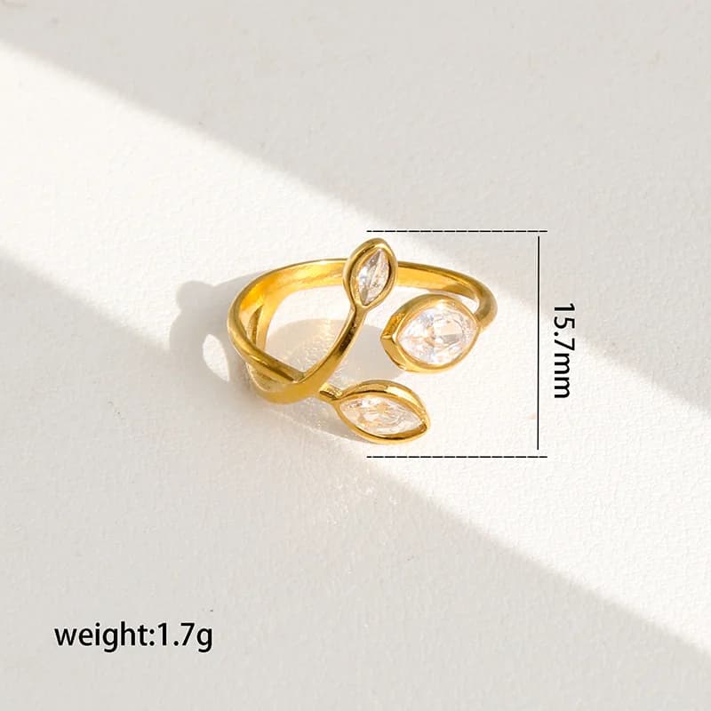 Bague ajustable feuille scintillante en zircons et acier inoxydable
