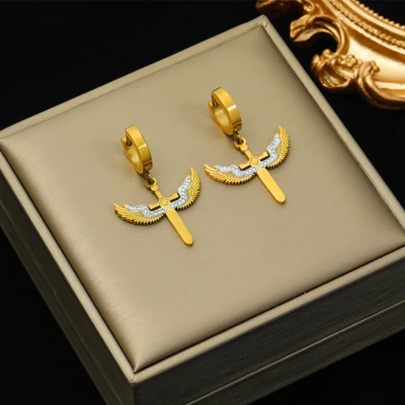 Boucles d'Oreilles Pendantes Perles Croix Léopard Phénix