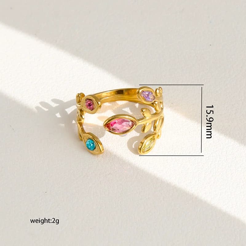 Bague ajustable feuille scintillante en zircons et acier inoxydable