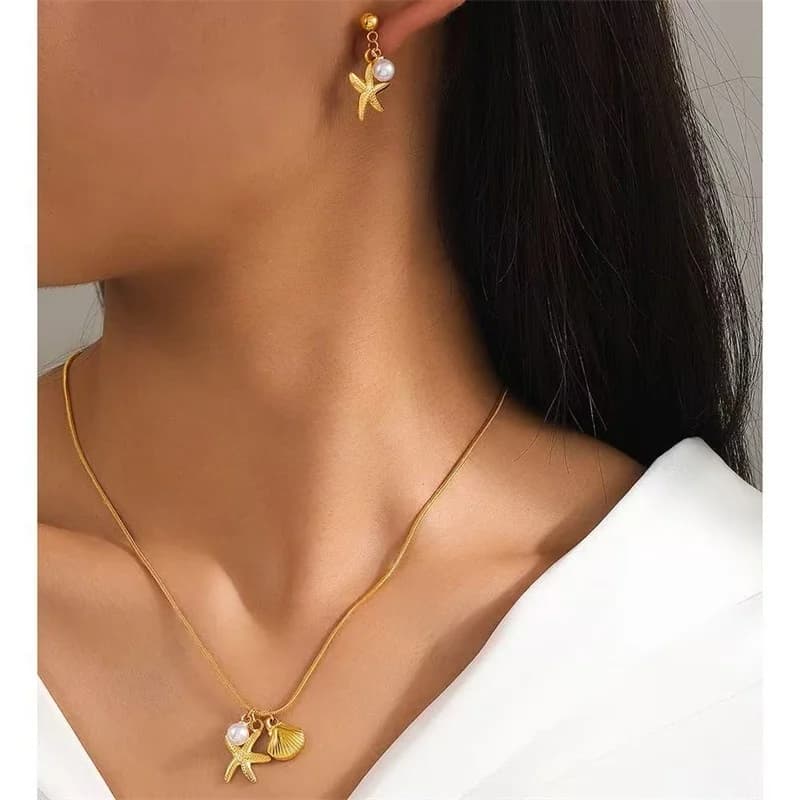 Parure Collier et Boucles d'Oreilles Étoile de Mer Perle Coquillage
