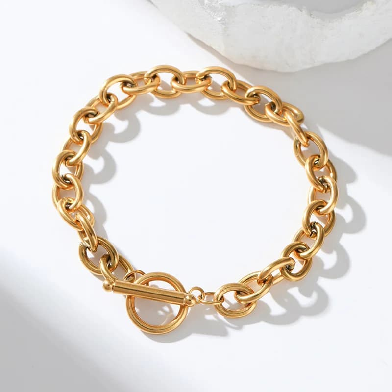 Bracelet chaîne maillons épais, fermoir OT, texturé