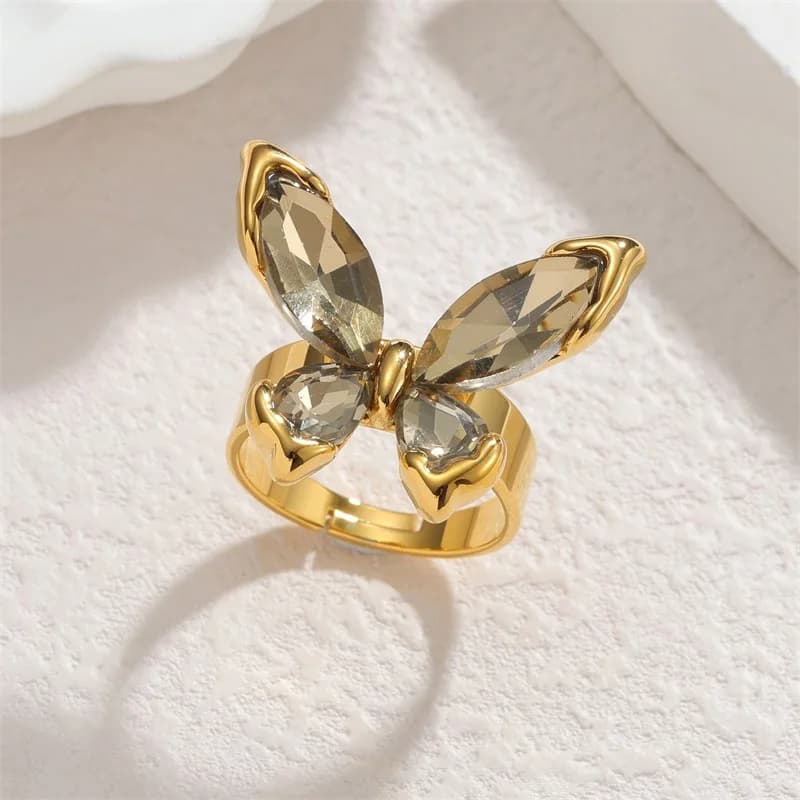 Bague Réglable Papillon Zircons Plaqué Or 18K