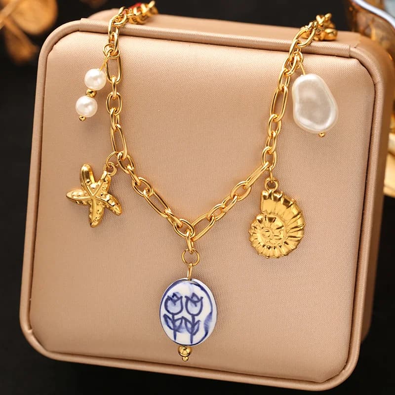Collier pendentif à multiples breloques, placage PVD or 18K