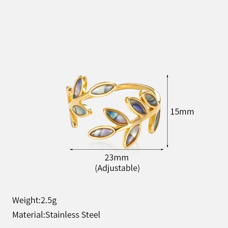 Bague réglable ouverte en émail motif feuille