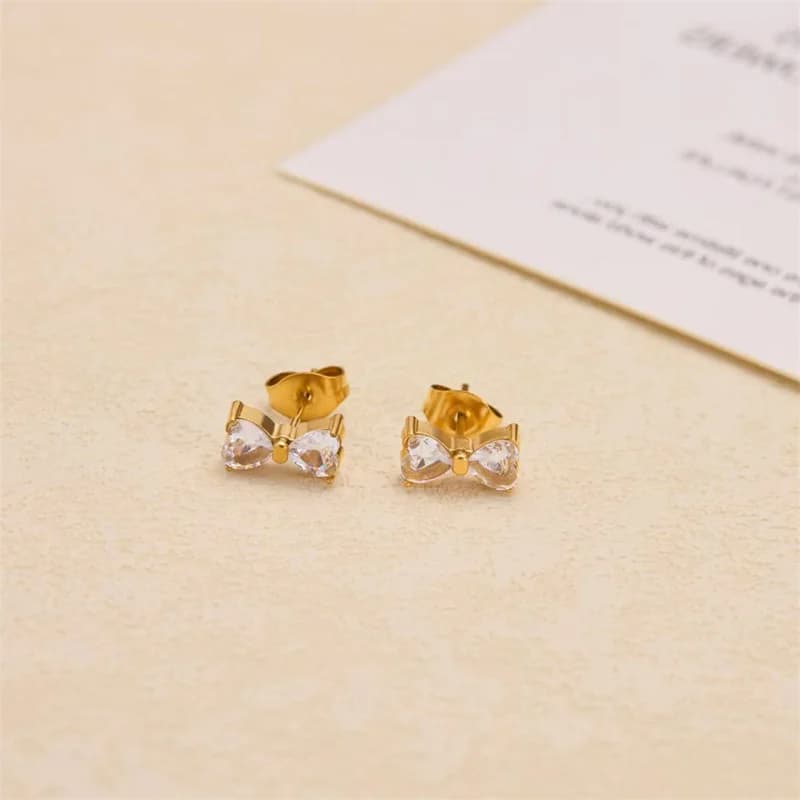 Boucles d'oreilles puces nœud papillon en zircons et acier inoxydable