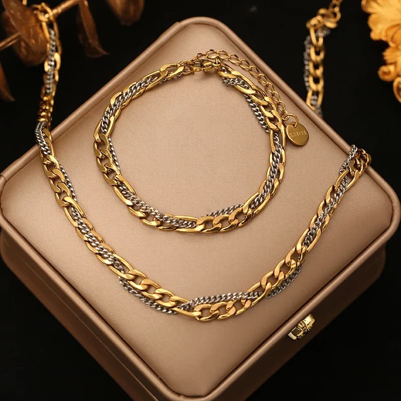 Parure collier et bracelet bicolore