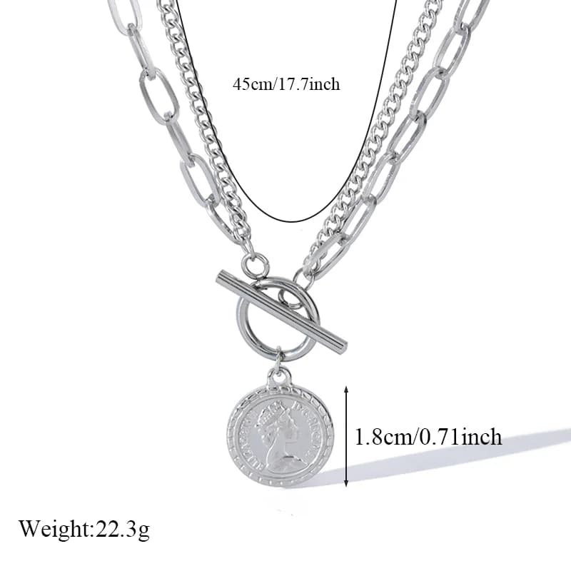 Collier pendentif pièce de monnaie portrait, ton argenté