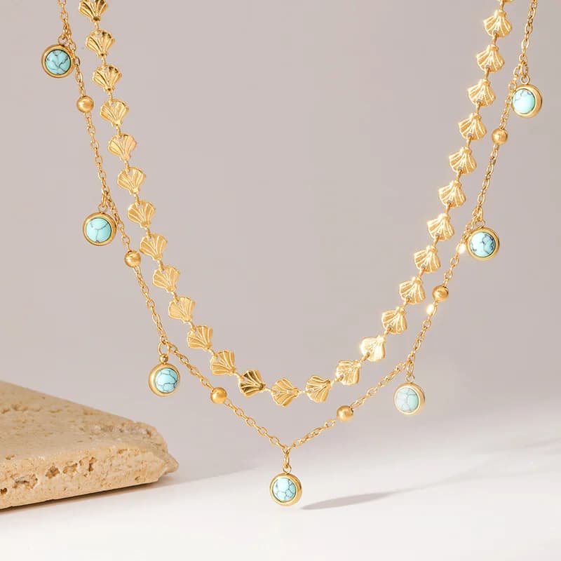 Collier double rangée Turquoise artificielle en acier inoxydable