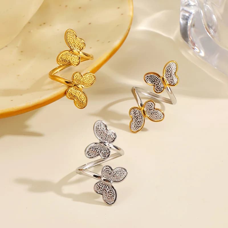 Bague ajustable en acier inoxydable motif papillon